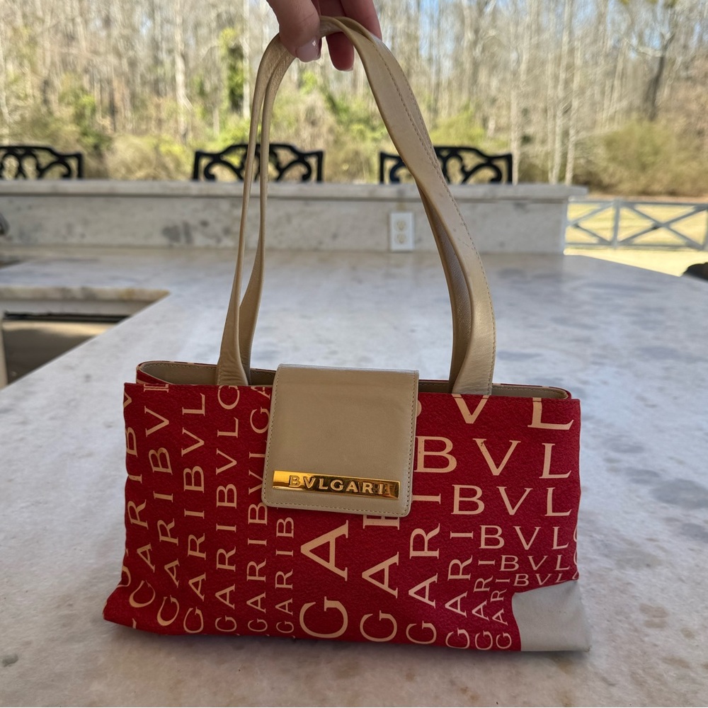BVLGARI Red/Natural Small Canvas Tote, Magnetic Closure